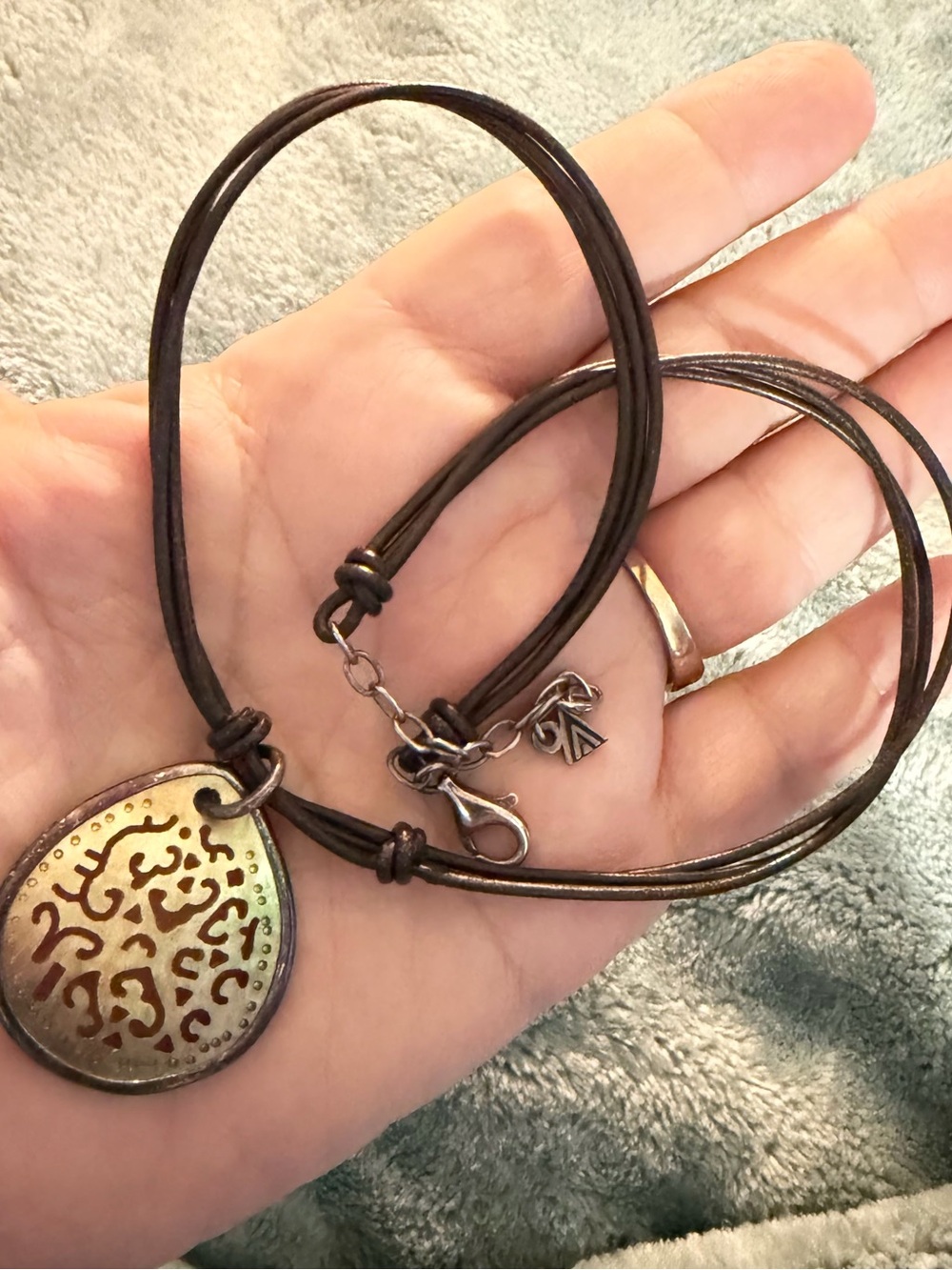 Retired SILPADA N1446 Sterling Silver Carved Shell & Leather Cord Necklace